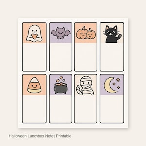 May include: A printable sheet of eight rectangular Halloween lunchbox notes featuring cute illustrations of a ghost, bat, pumpkins, black cat, candy corn, cauldron, mummy, and crescent moon, each with a blank white space for writing messages.
