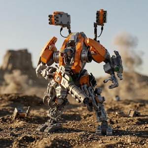 Könnte beinhalten: Eine mechanische Roboterfigur aus orangefarbenen und grauen Bausteinen. Der Roboter verfügt über ein zentrales Cockpit, eine große Handkanone und zwei schultermontierte Raketenwerfer. Er steht auf zwei beweglichen Beinen.