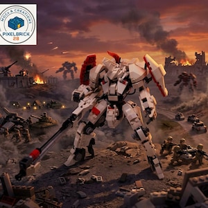 May include: A white and red robotic action figure constructed from building blocks, holding a long rifle. The figure stands on a rocky terrain amidst a battlefield scene featuring tanks, soldiers, and ruins, with the text MOCS & CREATIONS PIXELBRICK 28.