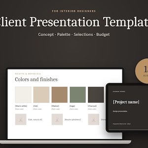 May include: A digital client presentation template for interior designers featuring 13 slides. The screen displays a palette and materials slide with colour swatches labelled Warm white, Oat, Walnut, Sage, and Charcoal, plus material icons.