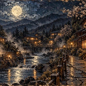 以下が含まれることがあります： 満月が輝く夜の日本の村を描いたデジタルアートプリント。明かりが灯る窓を持つ木造建築、石畳の道、小さな滝のある川、そして暗い空の下で水面から立ち上る霧が表現されています。
