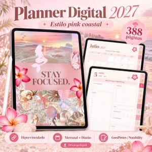 May include: A digital planner for 2027 with a pink coastal theme displayed on tablets. The cover features a mermaid silhouette, butterfly, seashells, and the text STAY FOCUSED. Interior pages show a July 2027 calendar and a daily schedule.