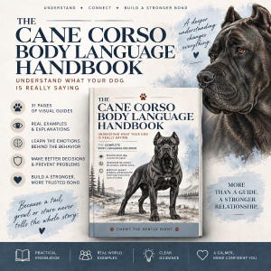 以下が含まれることがあります： 「The Cane Corso Body Language Handbook」は、黒い犬が表紙に描かれたガイドブックです。表紙には「The Cane Corso Body Language Handbook」「Understand What Your Dog Is Really Saying」「The Complete Body Language Decoder」「Chewy The Gentle Giant」と記されています。犬の行動を理解するための31ページのビジュアルガイド、実例、解説が含まれています。