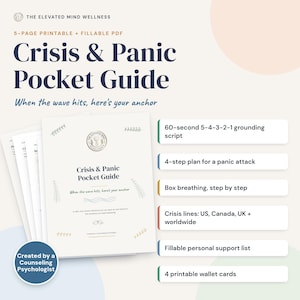 Scheda di lavoro e guida tascabile per gli attacchi di panico, radicamento 5-4-3-2-1, respirazione quadrata, carte stampabili da portare nel portafoglio, create da psicologi