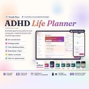 ADHD Planner Digital App, Adult Life Planner, Monthly Calendar, 8 Colour Themes, Habit Tracker, Budget, Visual Timers, Phone & Computer