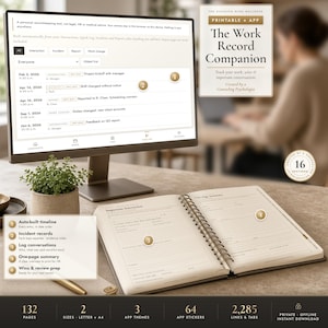 May include: A computer monitor displaying a digital work record interface and an open spiral-bound notebook with lined pages. The screen shows a list of dated entries, while the notebook features sections for important interactions and summaries.