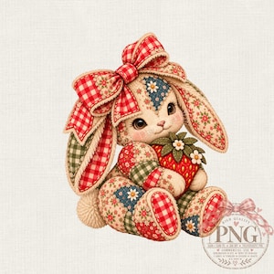 Puede incluir: Una ilustración digital de un personaje de conejo sentado con un diseño de patchwork que combina cuadros vichy rojos y blancos, estampados florales y detalles verdes. El conejo tiene ojos grandes y oscuros y sostiene una fresa roja.