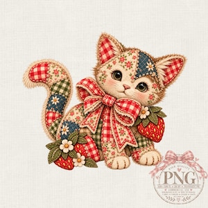 May include: A digital illustration of a kitten composed of patchwork fabric patterns in red, green, and blue, featuring a large red and white gingham bow around its neck, accented with red strawberry motifs and small white flowers.