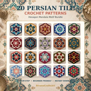 Puede incluir: Una colección digital titulada 20 PERSIAN TILE CROCHET PATTERNS Hexagon Mandala Motif Bundle. La imagen muestra veinte motivos de ganchillo hexagonales únicos y coloridos dispuestos en una cuadrícula, con diseños florales y geométricos.