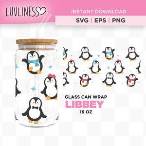 Penguin Christmas 16oz Libbey Glass Can Tumbler, Sublimación SVG y PNG en capas, Envoltura de Navidad Libby, Envoltura de copa de invierno para vidrio Libby de 16oz