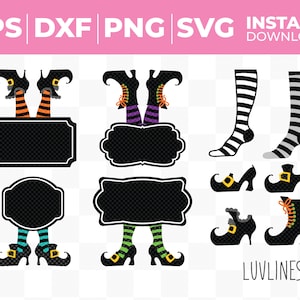 May include: A set of digital cut files for a witch's legs, shoes, and a sign. The witch's legs are wearing striped socks and black shoes. The sign is black with a white border. The text "LUVLINESS" is in the bottom right corner of the image.