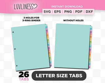 Letter Size Tab Dividers, 26 Tabs SVG, DIY Binder Tabs for Cricut & Silhouette, Customizable Tab Divider for Planner Tabs PNG, Alphabet Tabs
