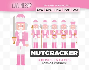 May include: Pink and white nutcracker soldier illustrations with different poses and facial expressions. The text "NUTCRACKER" is below the illustrations, and the text "3 POSES | 6 FACES" is below that. The text "LOTS OF COMBOS!" is below that.