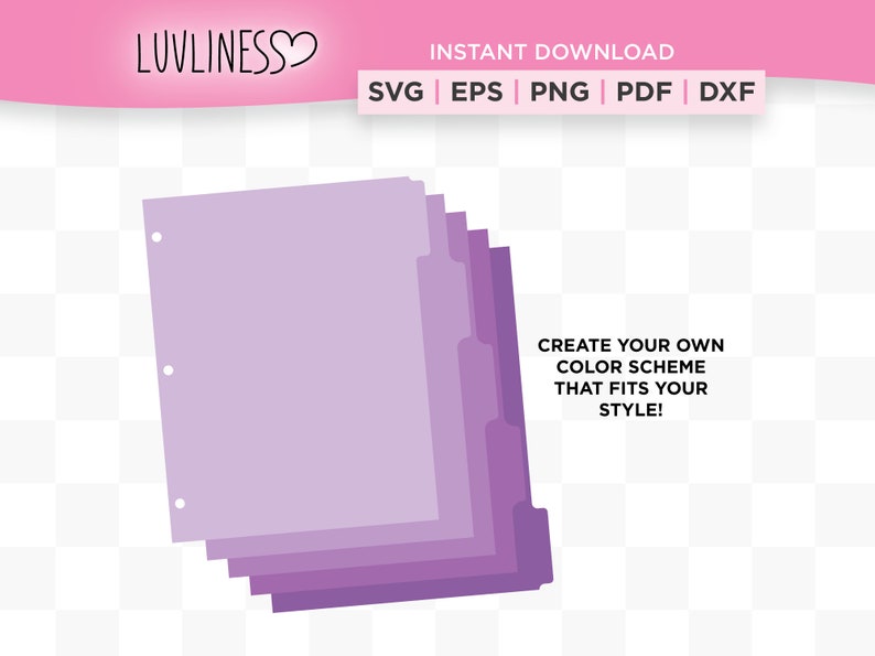 May include: A set of six purple file folders with rounded corners and holes for a binder. The folders are stacked on top of each other and have a gradient of purple shades.