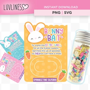 May include: Printable Easter bunny bait sign with a cute bunny illustration and the text "Bunny Bait". The sign is yellow with a pink heart and a carrot. The sign is next to a small glass jar filled with colorful sprinkles.