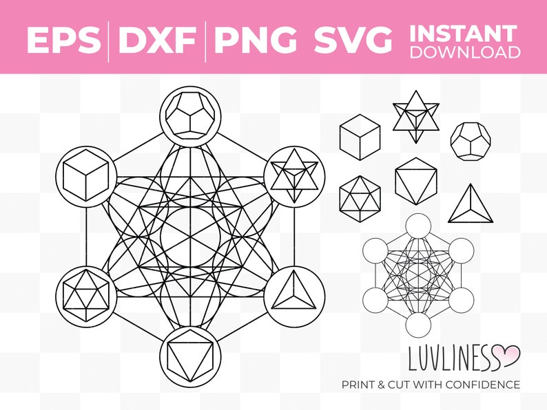 May include: A black and white line art illustration of a geometric shape with a star, triangle, and cube shapes around it. The image is on a white background with a checkered pattern.