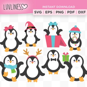 Set de 8 lindos pingüinos SVG Bundle, Holiday Penguins Instant Download para Cricut & Silhouette, Print and Cut Sublimation, Winter Penguin Gifts