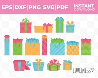 Set of 15 Gift Boxes and Gift Bags SVG Bundle, Holiday Presents Instant Download for Cricut & Silhouette, Christmas Gifts Clip Art and SVGs