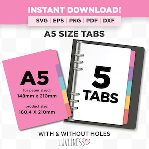 Puede incluir: Separadores de pestañas rosas tamaño A5 con el texto "A5" y medidas de 148 mm x 210 mm para el tamaño del papel y 160,4 x 210 mm para el tamaño del producto. También se muestra una carpeta con 5 pestañas. El texto "¡DESCARGA INSTANTÁNEA!"
