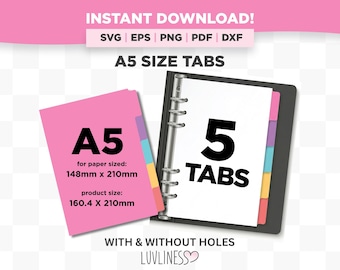 A5 Tab Inserts: 5 Binder Tabs SVG, DIY Planner Index Dividers