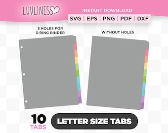 Letter Size Tab Dividers, 10 Tabs SVG, DIY Binder Tabs for Cricut & Silhouette, Tab Divider for Planner Tabs PNG