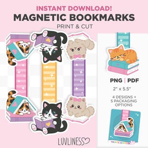 May include: Printable magnetic bookmarks featuring cartoon cats. The bookmarks are 5.08 cm x 13.97 cm and come in various designs, including cats reading books and sleeping. The image includes the text "INSTANT DOWNLOAD! MAGNETIC BOOKMARKS PRINT & CUT".