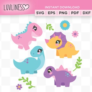 Set of 4 Girl Dinosaur SVG for Cricut & Silhouette, Pink Dinosaur SVG, Pink Dinosaurs Party PNG, Great for Pink T-Rex for Dinosaur Party