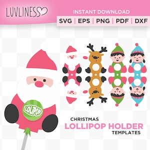 Porte-sucette de Noël SVG pour Cricut & Silhouette, porte-bonbons de Noël SVG, père Noël et équipage porte-sucette, sucette elfe, renne