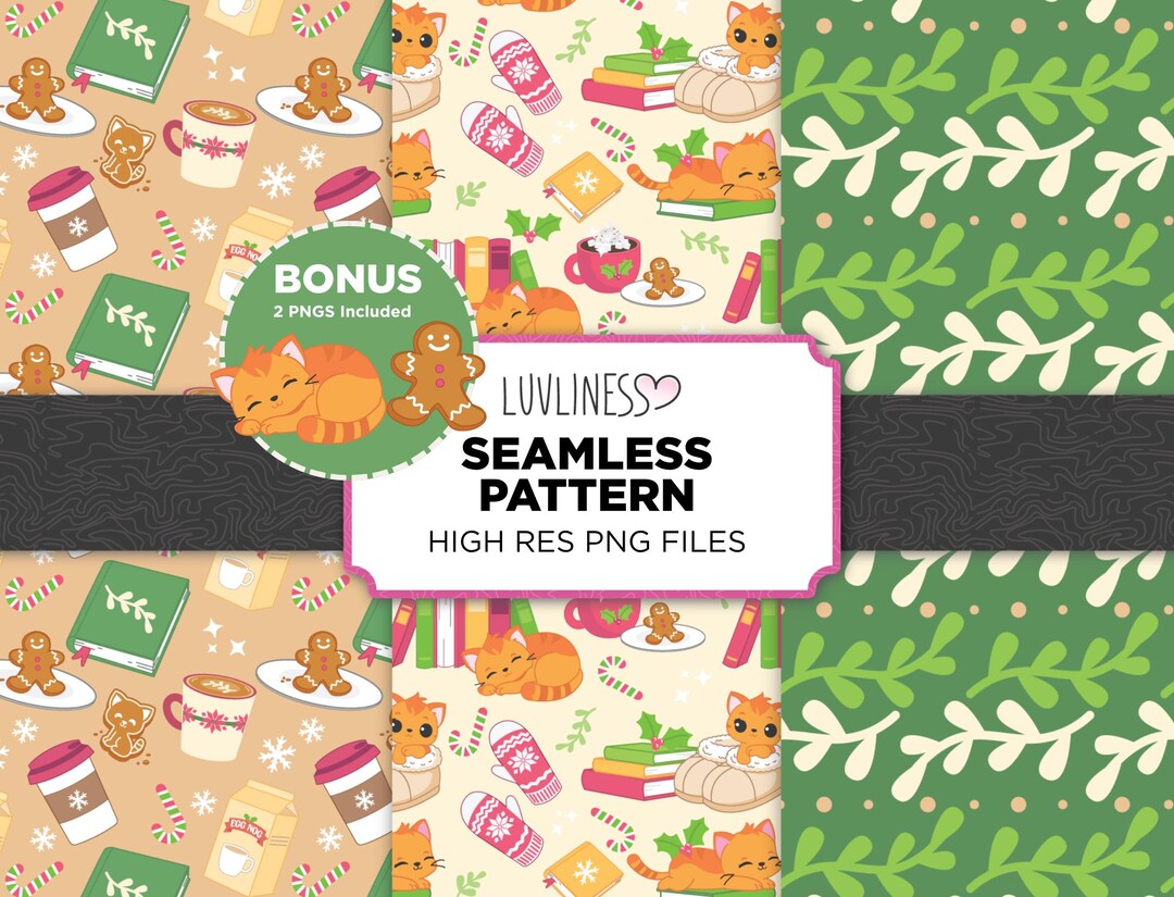 Cozy Winter Bookish Cat Café – Christmas Seamless Pattern High Res PNG ...