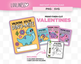 Girl Dinosaur Valentine Card, Printable Valentine Cards for Kids & Valentine Crayon Card for Cricut Print-Then-Cut, Girl Dino Valentines