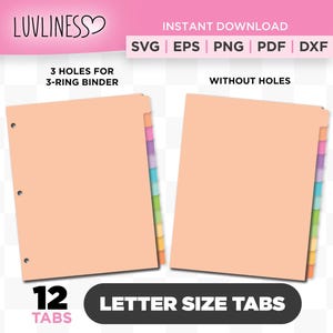 Letter Size Tab Dividers, 12 Tabs SVG, DIY Binder Tabs for Cricut & Silhouette, Customizable Monthly Tab Divider for Planner Tabs PNG