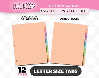 Letter Size Tab Dividers, 12 Tabs SVG, DIY Binder Tabs for Cricut & Silhouette, Customizable Monthly Tab Divider for Planner Tabs PNG