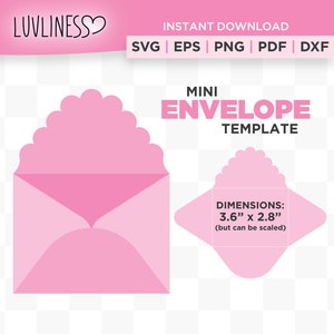 ミニスカラップ封筒テンプレート SVG、スケーラブル 3.6" x 2.8"、バレンタイン封筒 SVG、Cricut および Silhouette 用の即時ダウンロード、封筒 SVG