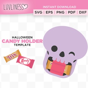 May include: Purple skull Halloween candy holder with a winking eye and a pink tongue sticking out. The skull is holding a candy bar in its mouth. The text "HALLOWEEN CANDY HOLDER TEMPLATE" is above the skull.