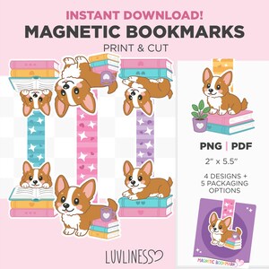 Bookish Corgi Magnetic Bookmark PNG, Puppy Dog Bookmarks Template for Cricut