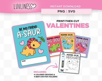 Dinosaur Valentine Card, Printable Valentine Cards for Kids & Valentine Crayon Card for Cricut Print-Then-Cut, Dino Valentines for Kids