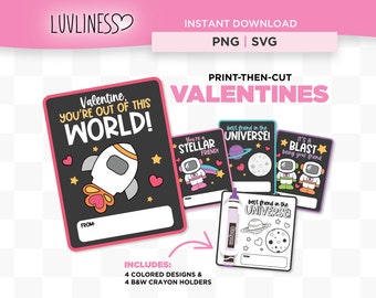 Space Valentine Cards, Printable Valentine Cards for Kids & Valentine Crayon Card for Cricut Print-Then-Cut, Space Valentines for Kids Class