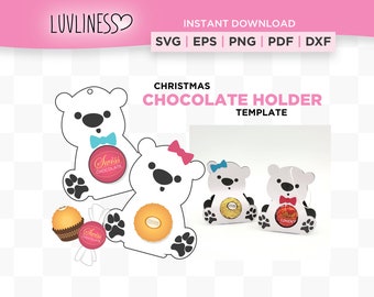 Soporte de chocolate de Navidad SVG para Cricut & Silhouette, Soporte de caramelo de Navidad SVG, Oso polar SVG, Plantilla de caja de chocolate Polar Bear Craft