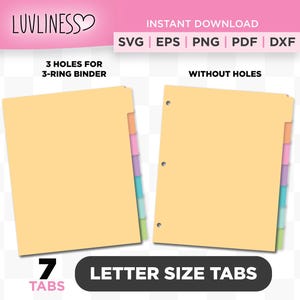 Letter Size Tab Dividers, 7 Tabs SVG, DIY Binder Tabs for Cricut & Silhouette, Customizable Tab Divider for Planner Tabs PNG