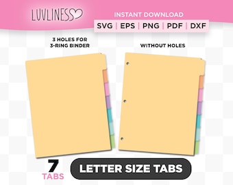 Letter Size Tab Dividers, 7 Tabs SVG, DIY Binder Tabs for Cricut & Silhouette, Customizable Tab Divider for Planner Tabs PNG