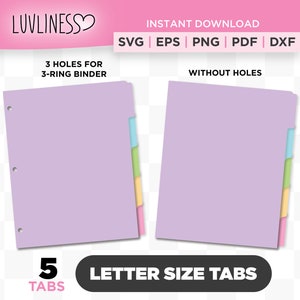 Divisores de guias de tamanho de letra, 5 guias SVG, guias de fichário DIY para Cricut e Silhouette, divisor de guias para guias de planejador, png
