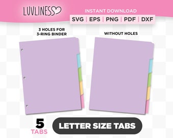 Letter Size Tab Dividers, 5 Tabs SVG, DIY Binder Tabs for Cricut & Silhouette, Tab Divider for Planner Tabs PNG