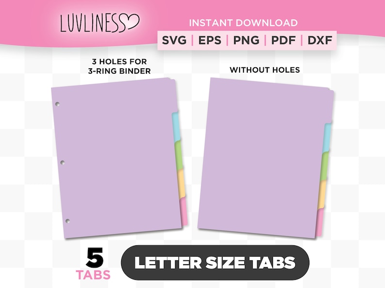 May include: Two sets of five-tab dividers in a light purple color. One set has three holes for a three-ring binder. The other set has no holes. The tabs are in pastel colors: light blue, green, yellow, and pink.