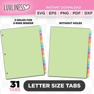 Letter Size Tab Dividers, 31 Tabs SVG, DIY Binder Tabs for Cricut & Silhouette, Customizable Tab Divider for Planner Tabs PNG, Monthly Tabs