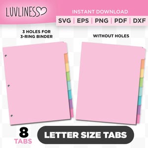 Letter Size Tab Dividers, 8 Tabs SVG, DIY Binder Tabs for Cricut & Silhouette, Customizable Tab Divider for Planner Tabs PNG