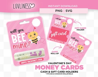 Bee Mine Valentine Money Holder Card PNG, Print then Cut Template for Cricut, Bumble Bee PNG Valentine Money Holder, Valentine Gift Card