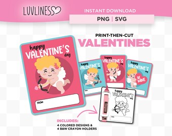 Cupid Valentine, Printable Valentine Cards for Kids & Valentine Crayon Card for Cricut Print-Then-Cut, Cute Cherub Valentines for Kids Class