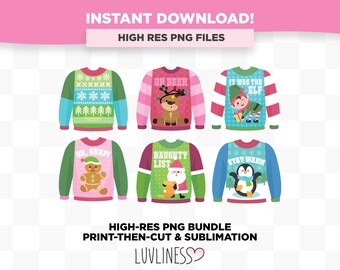 Ugly Christmas Sweater PNG Bundle, High Res Ugly Sweater PNG Files for Printing & Sublimation