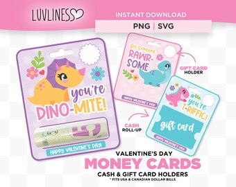 Girl Dinosaur Valentine Money Holder Card PNG, Print then Cut Template for Cricut, Girl Dino PNG Valentine Money Holder, Valentine Gift Card