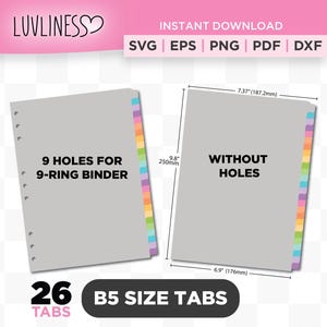 Puede incluir: Dos separadores de pestañas grises tamaño B5, uno con 9 agujeros para una carpeta de 9 anillas y otro sin agujeros. Las pestañas tienen un esquema de color arcoíris. Las dimensiones son 250 mm x 187,2 mm y 176 mm. La imagen incluye el texto "LUVLINESS" y "26 TABS".